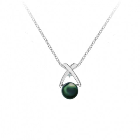 Iza-B - Collier pendentif géométrique en argent 925 rhodié, une perle de Tahiti et son diamant central de 0,020 ct