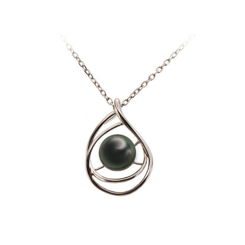 Iza-B - Collier en argent 925 rhodié et son pendentif au design de goutte d'eau abstraite, une perle de Tahiti