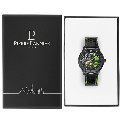 PIERRE LANNIER PADDOCK bracelet cuir noir surpiqûre vert